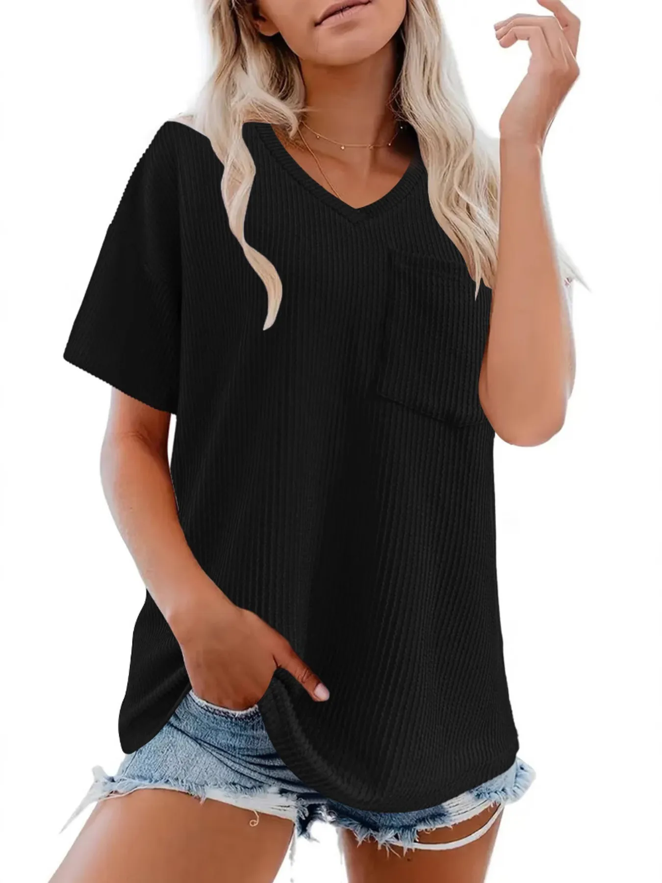 Ribbed V-Neck Oversized T-Shirt - Image 2