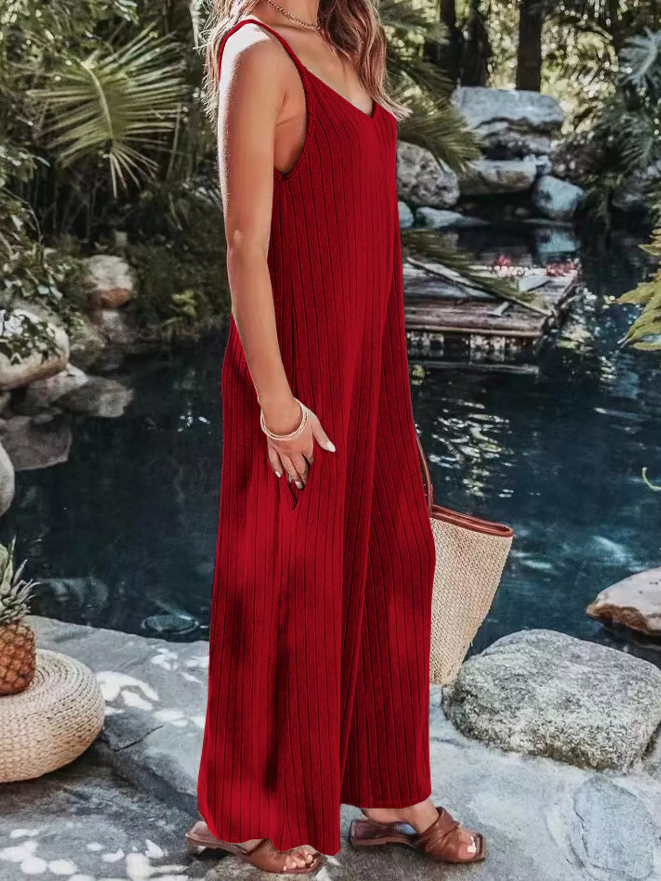 Ribbed V-Neck Wide Leg Jumpsuit - Image 6