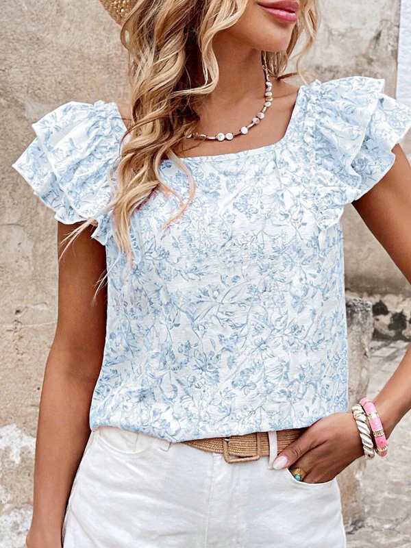Ribbon Back Blue Floral Viscose Blouse - Image 6