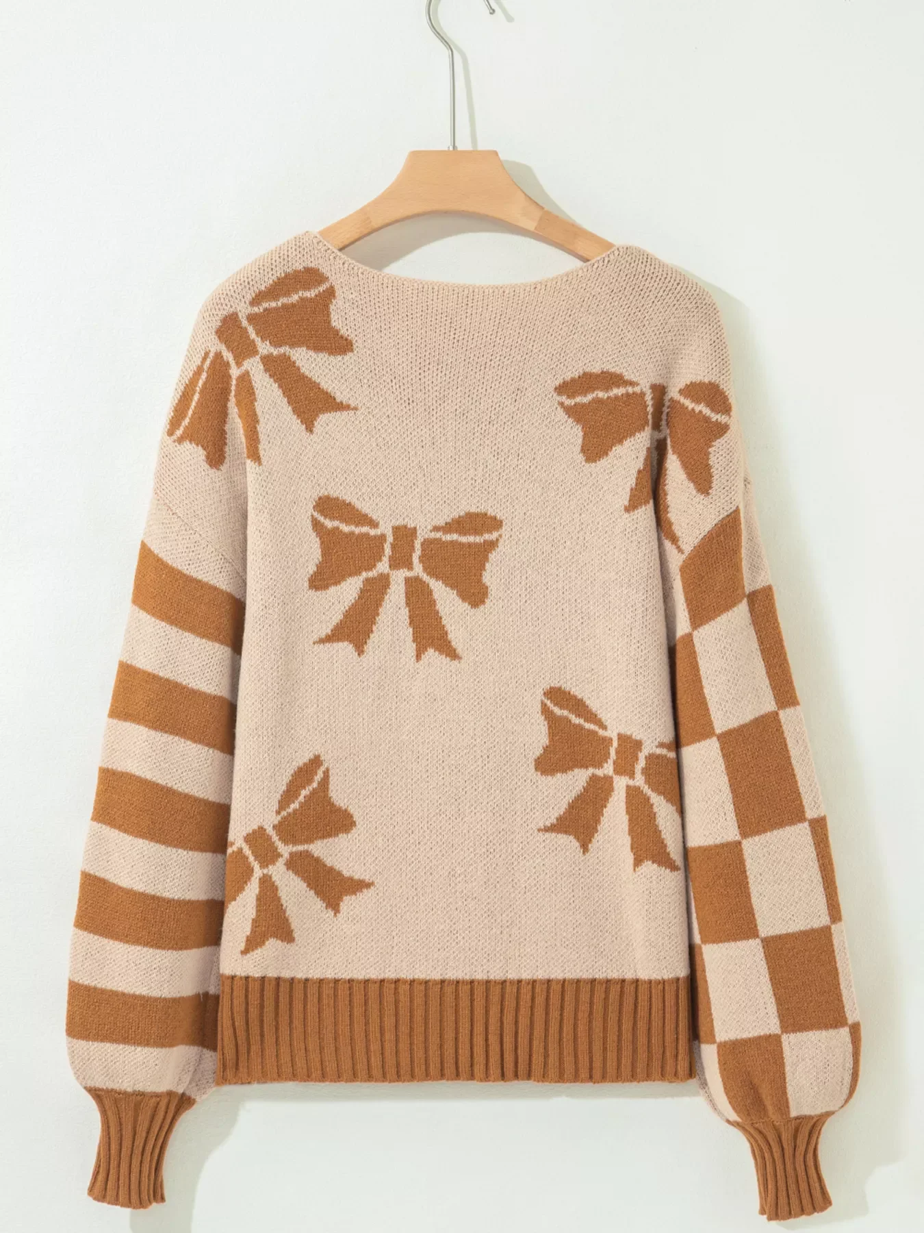 Ribbon Bow Checkered Striped Sleeve Drop Shoulder Sweater - Image 5