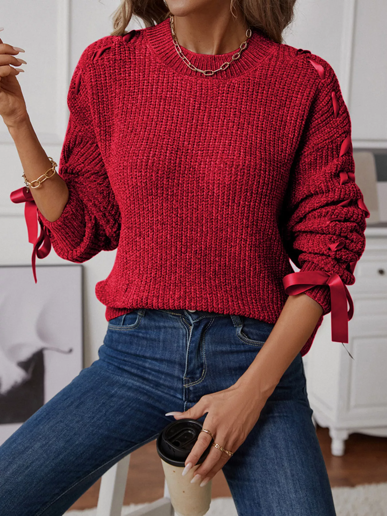 Ribbon-Tie Sleeve Round Neck Sweater - Image 5