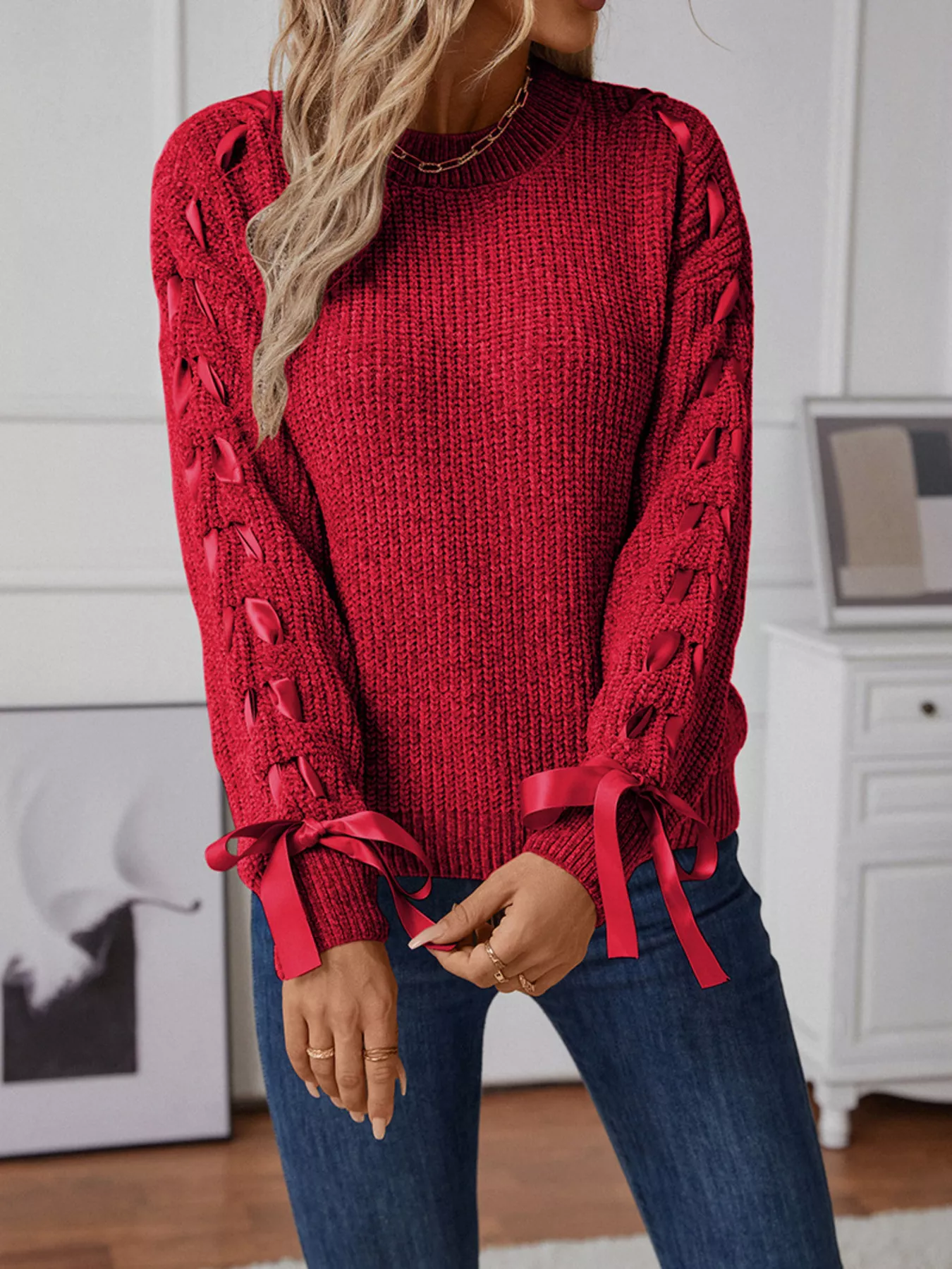 Ribbon-Tie Sleeve Round Neck Sweater - Image 8