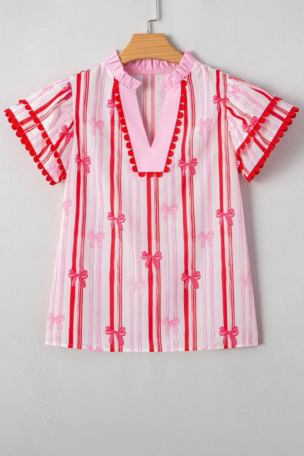 Ric-Rac Trim Ruffled Sleeve Striped Printed Blouse - Image 3
