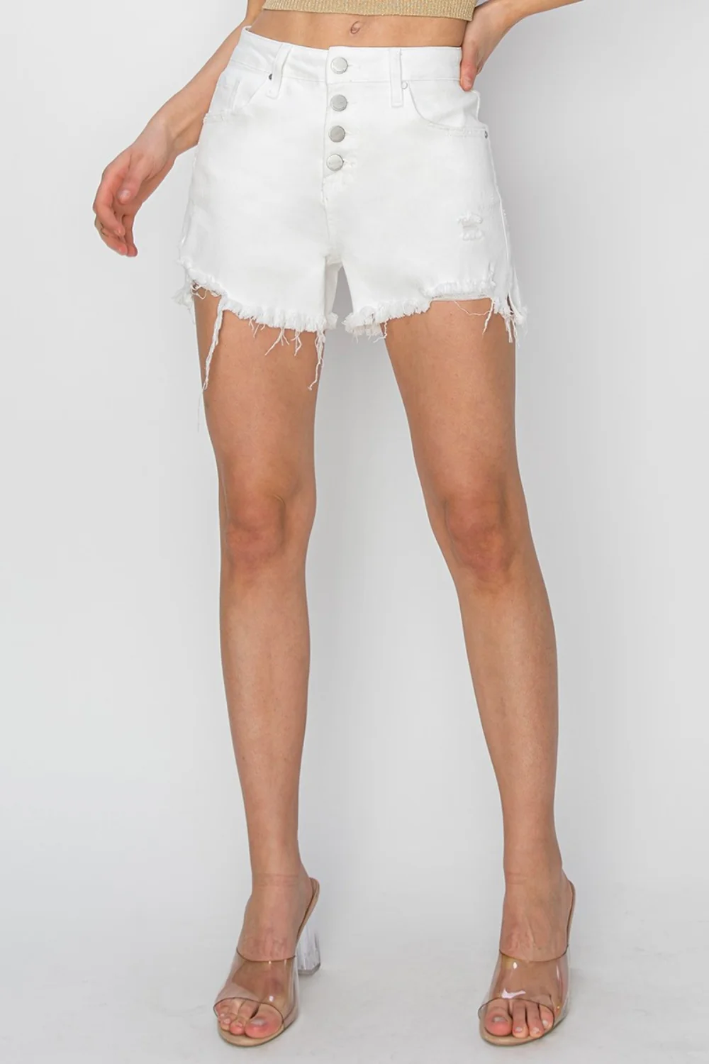RISEN Button Fly Frayed Hem Denim Shorts - Image 6