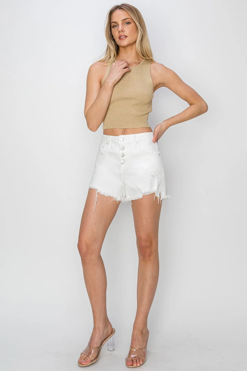 RISEN Button Fly Frayed Hem Denim Shorts - Image 8