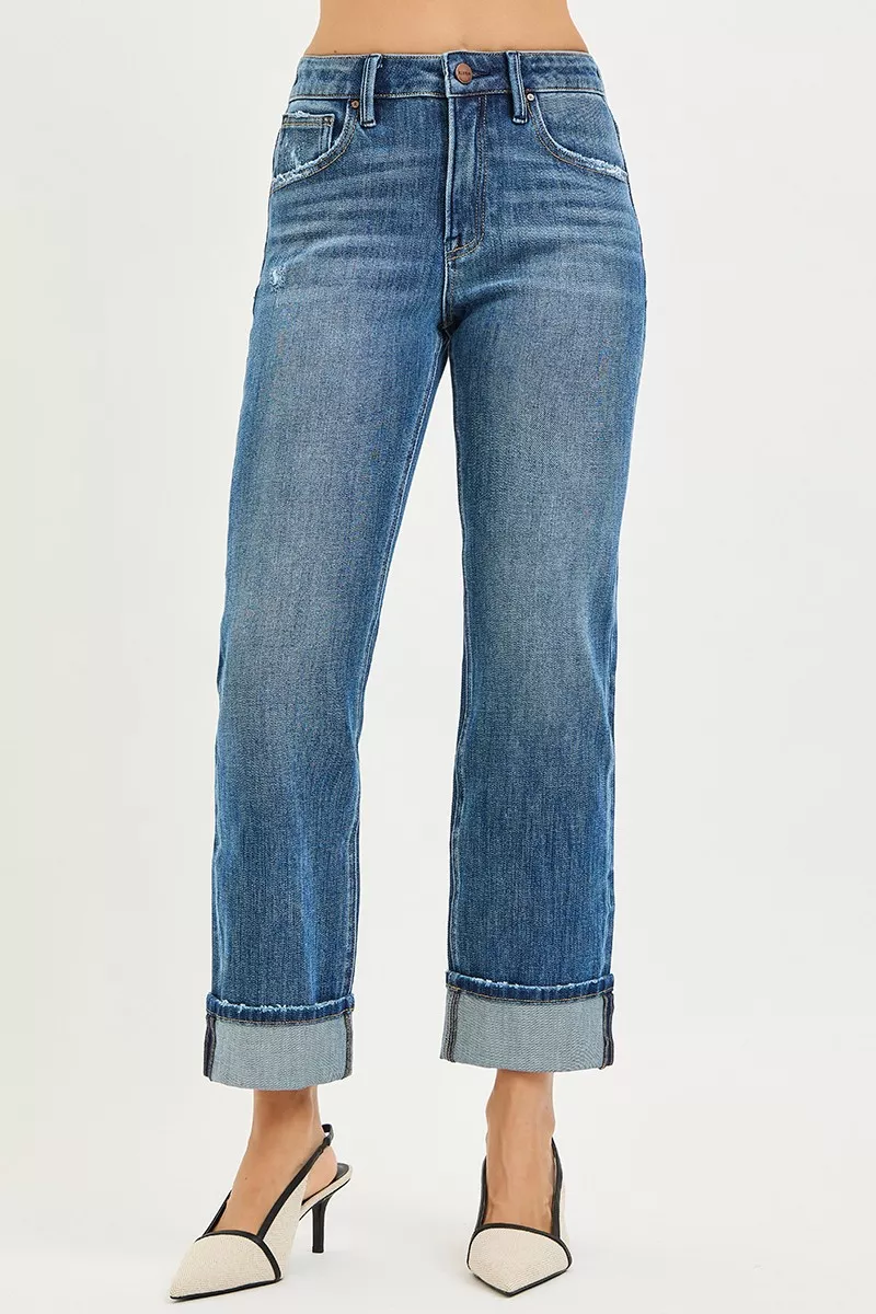 RISEN Full Size 4 Way Stretch Slouchy Straight Jeans with Cuffed Hem Plus Size - Image 2