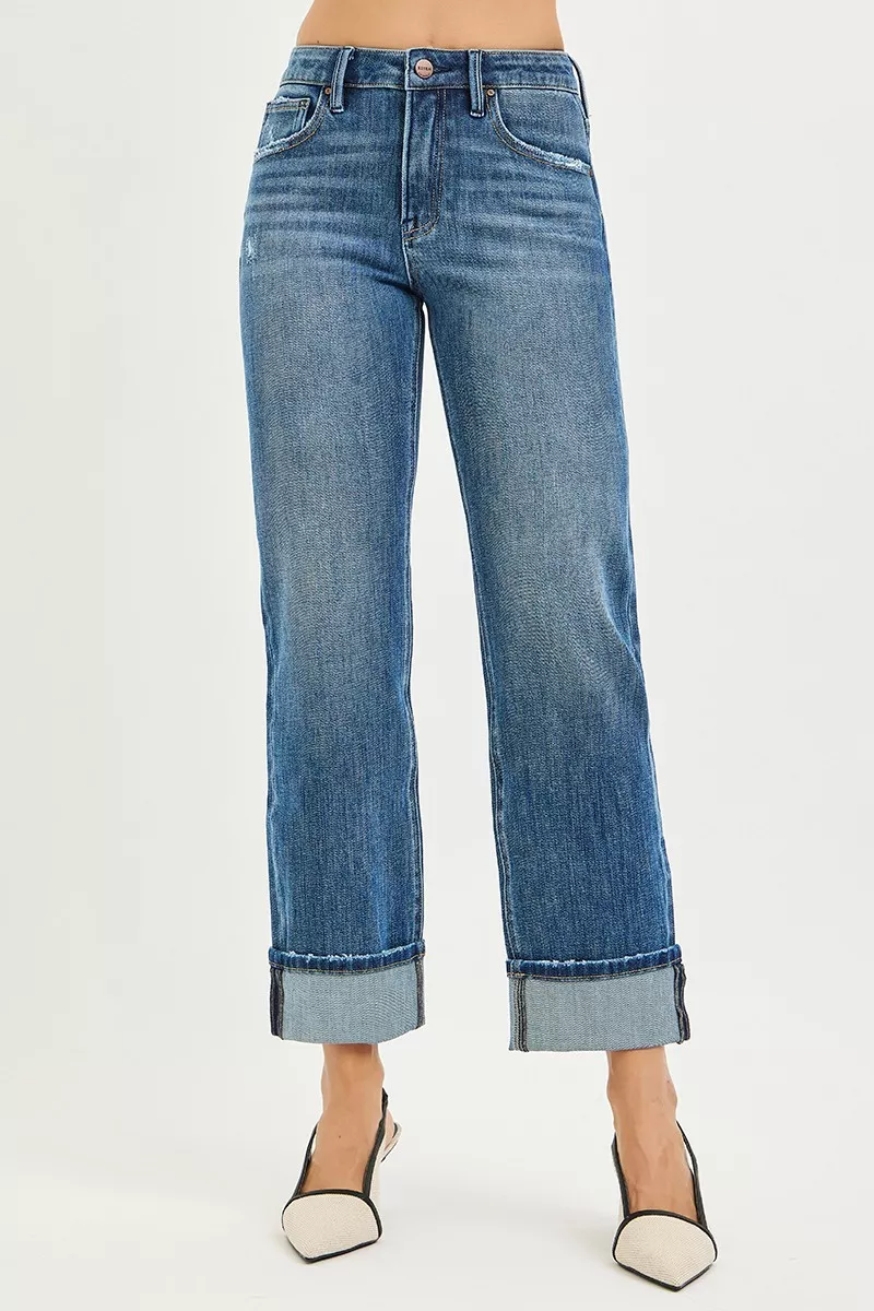 RISEN Full Size 4 Way Stretch Slouchy Straight Jeans with Cuffed Hem Plus Size - Image 3