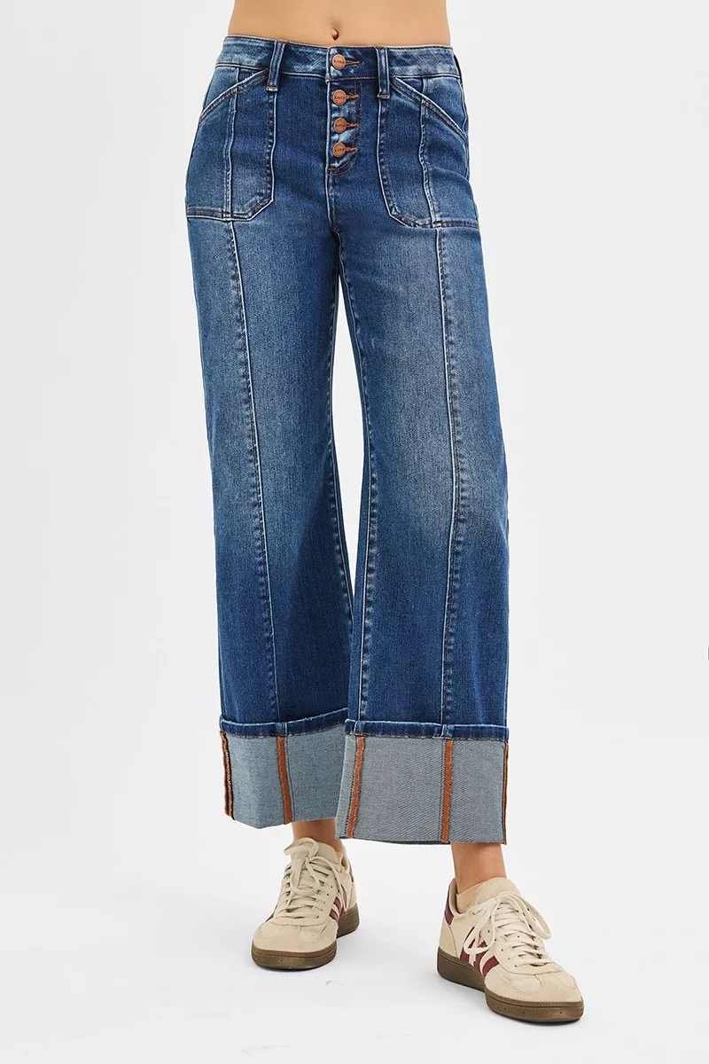 RISEN Full Size High Rise Crop Wide Straight Cuffed Jeans Plus Size - Image 2