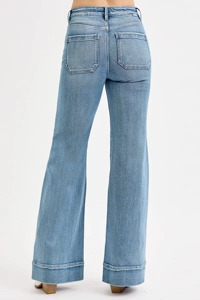 RISEN Full Size High Rise Wide Flare Patch Pocket Jeans Plus Size - Image 5