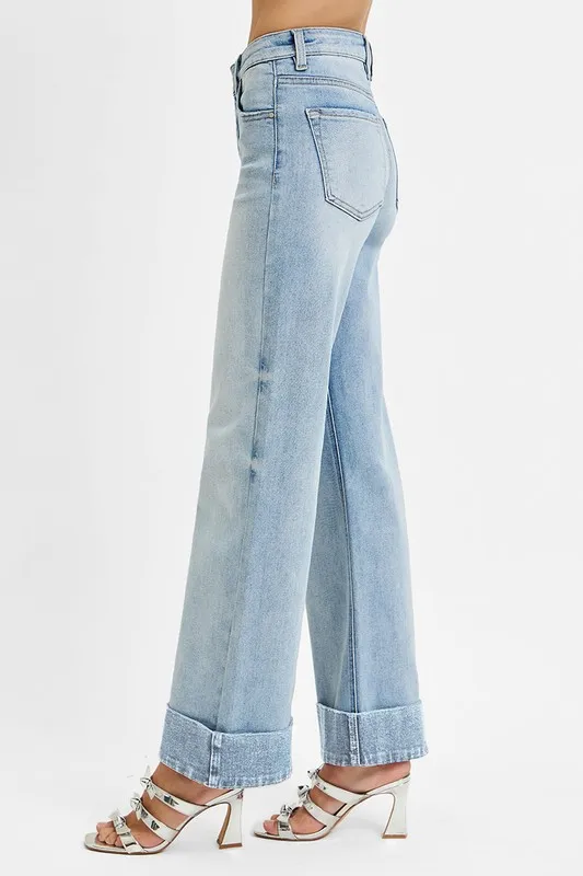 RISEN Full Size Tummy Control High Rise Ankle Wide Cuffed Jeans Plus Size - Image 4