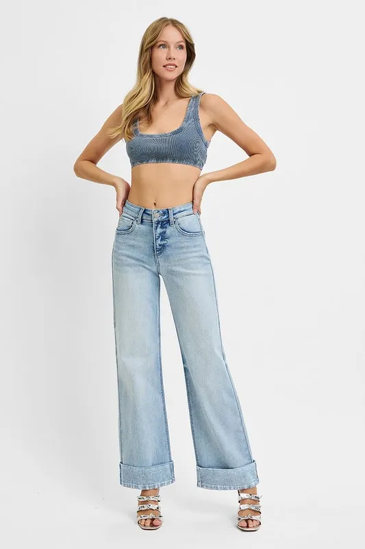 RISEN Full Size Tummy Control High Rise Ankle Wide Cuffed Jeans Plus Size - Image 6
