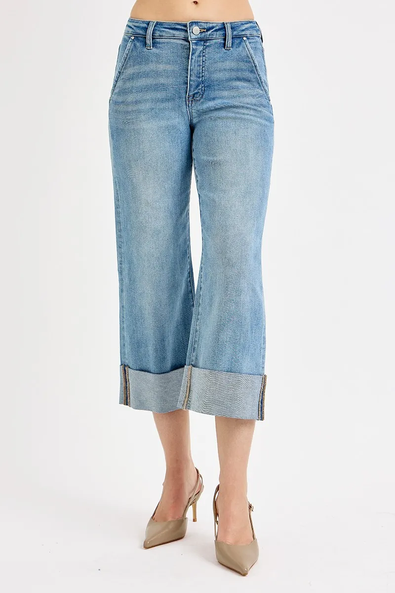RISEN Full Size Tummy Control High Rise Ankle Wide Cuffed Jeans Plus Size - Image 3
