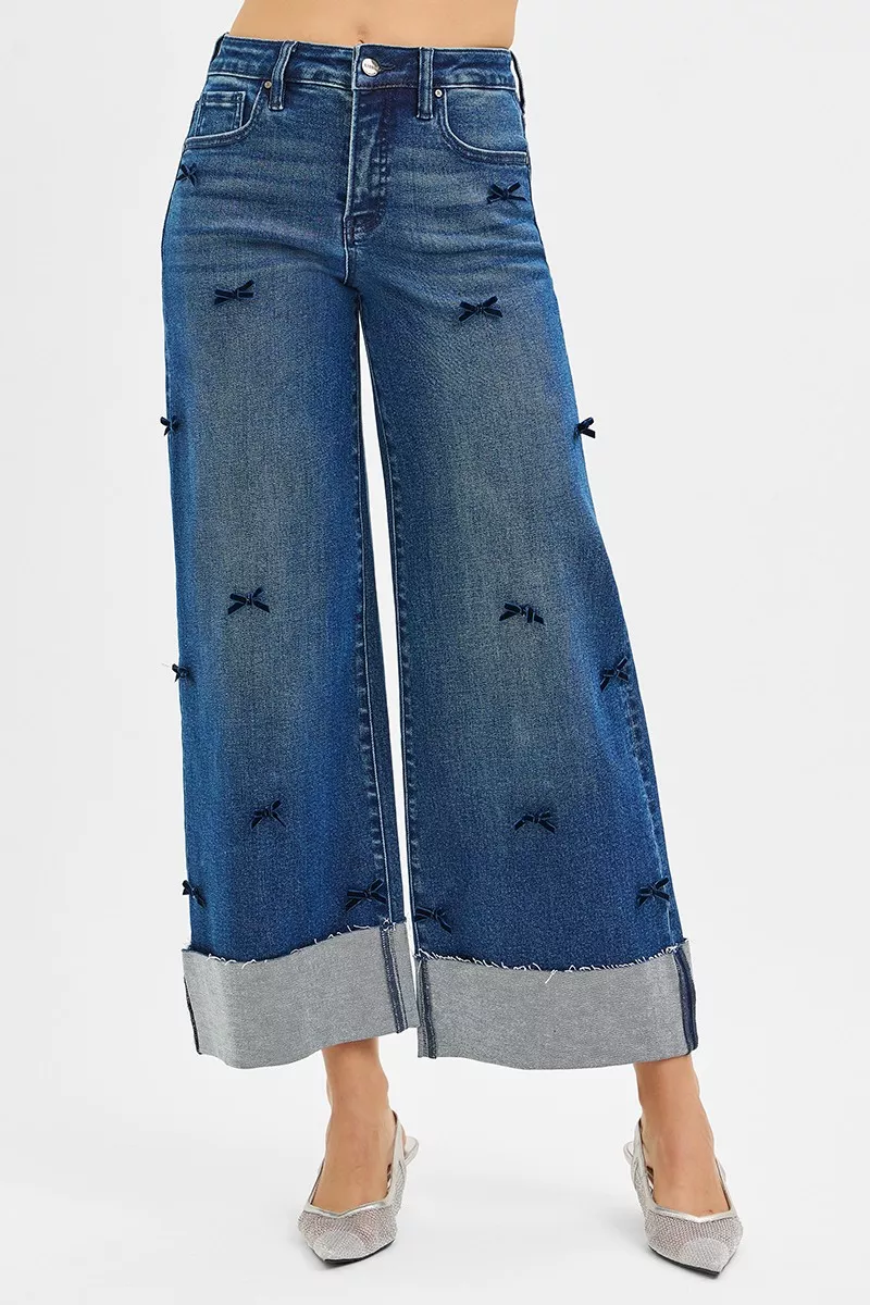 RISEN High Rise Crop Wide Leg Ribbon Detail Jeans - Image 2