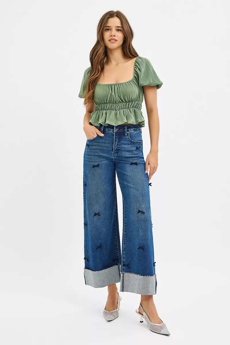 RISEN High Rise Crop Wide Leg Ribbon Detail Jeans - Image 6