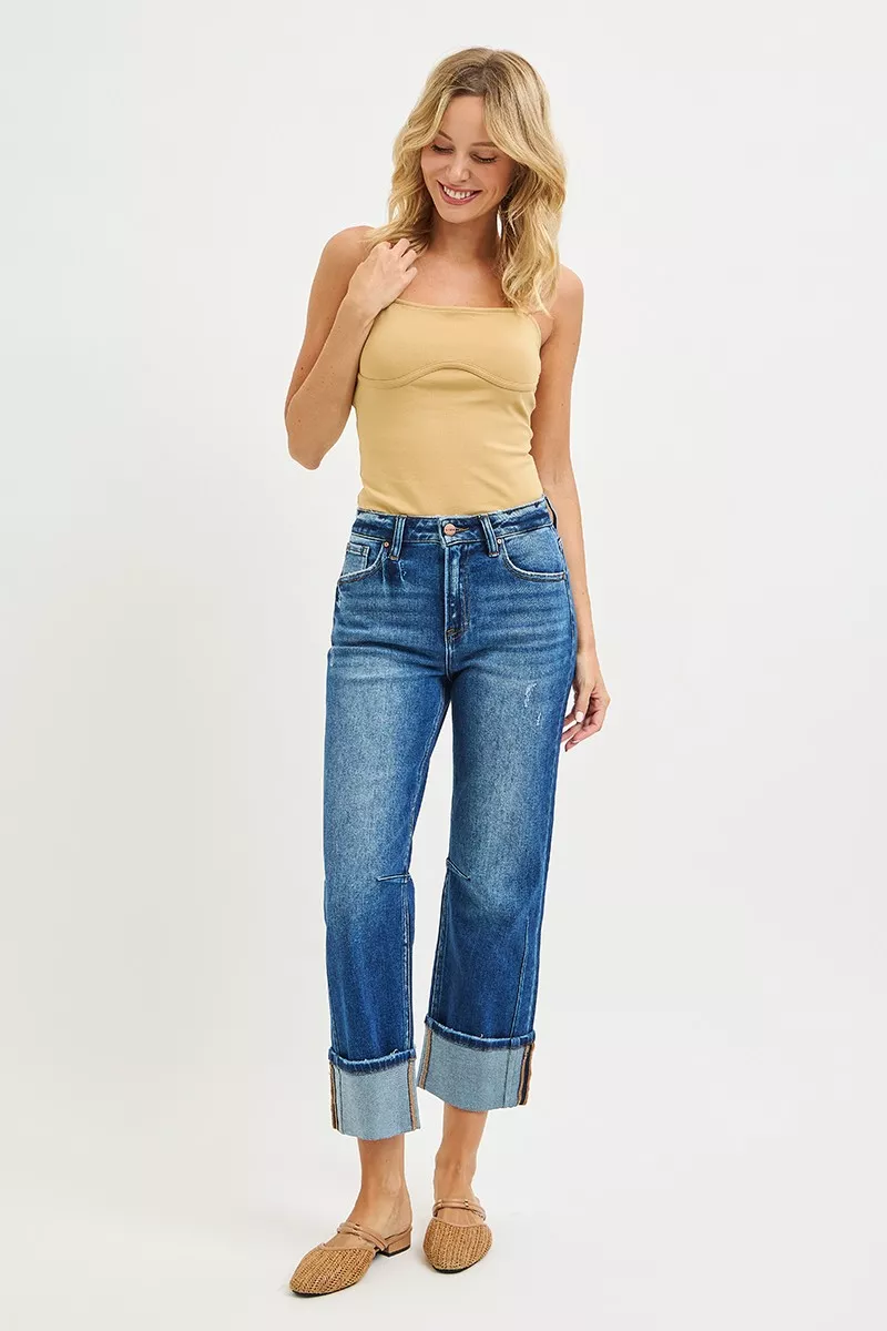 RISEN High Rise Straight Jeans with Distressed Hem - Image 6