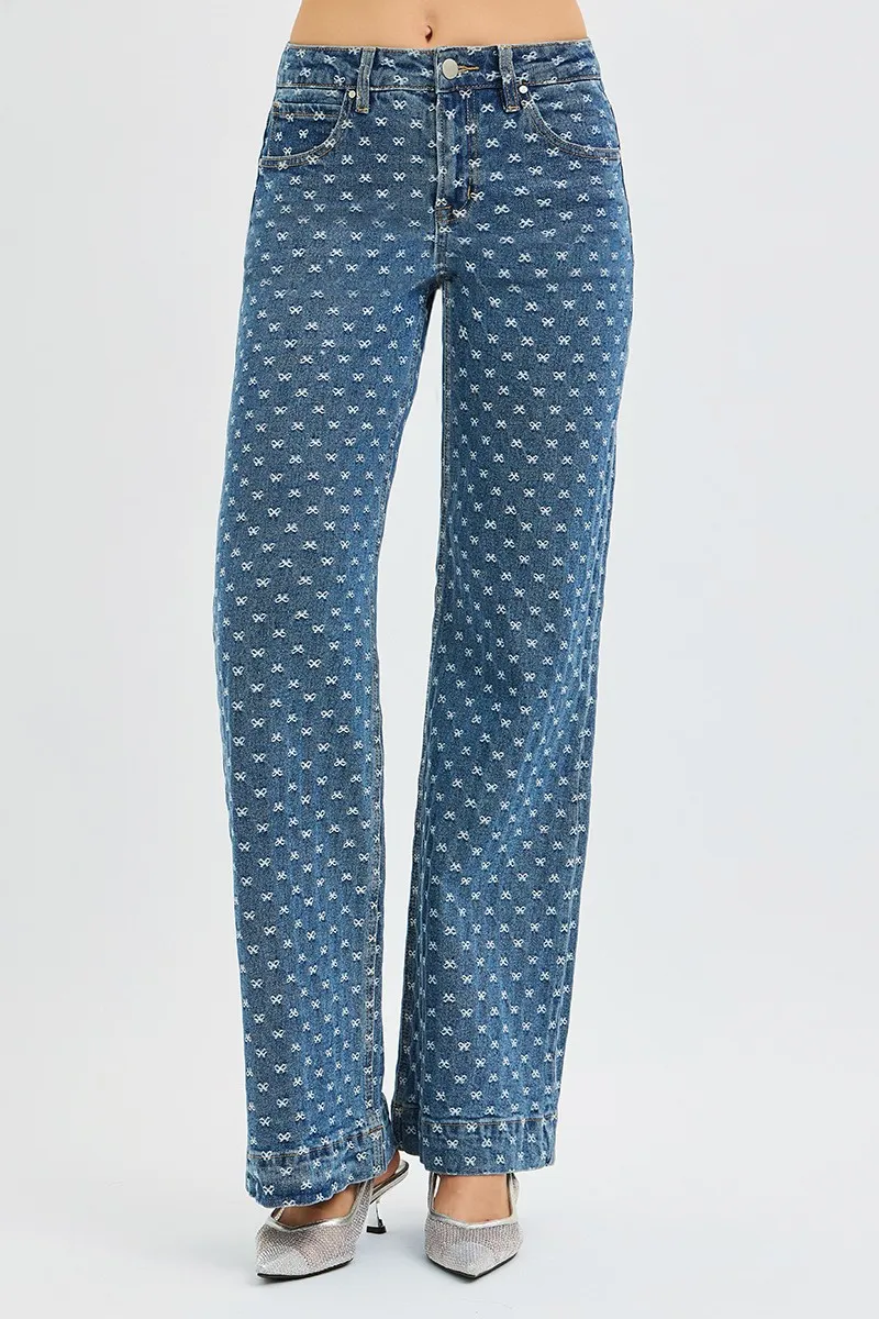RISEN High Rise Wide Leg Bow Embroidered Jeans - Image 2