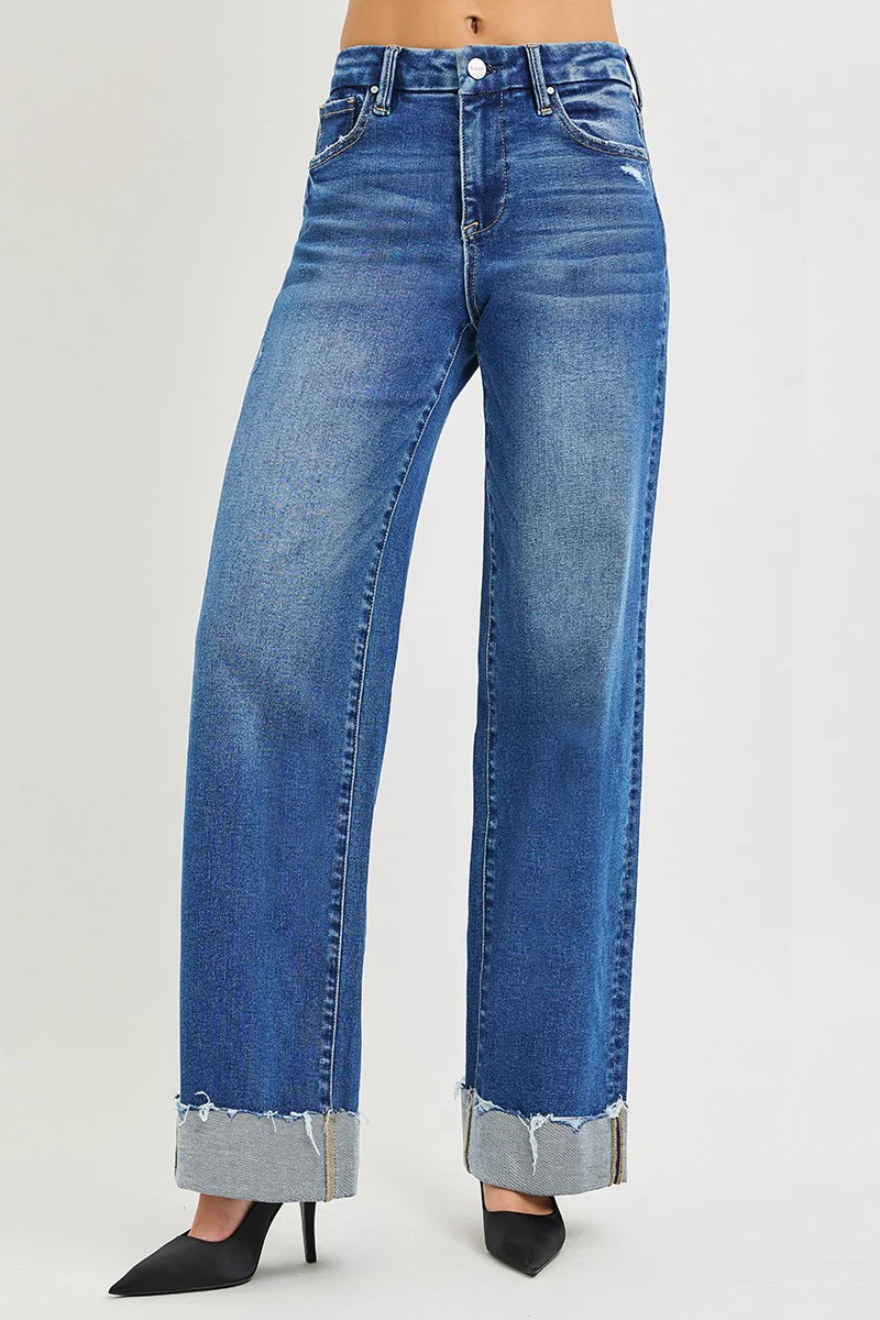 RISEN High Rise Wide Leg Jeans With Cuffed Hem - Image 2