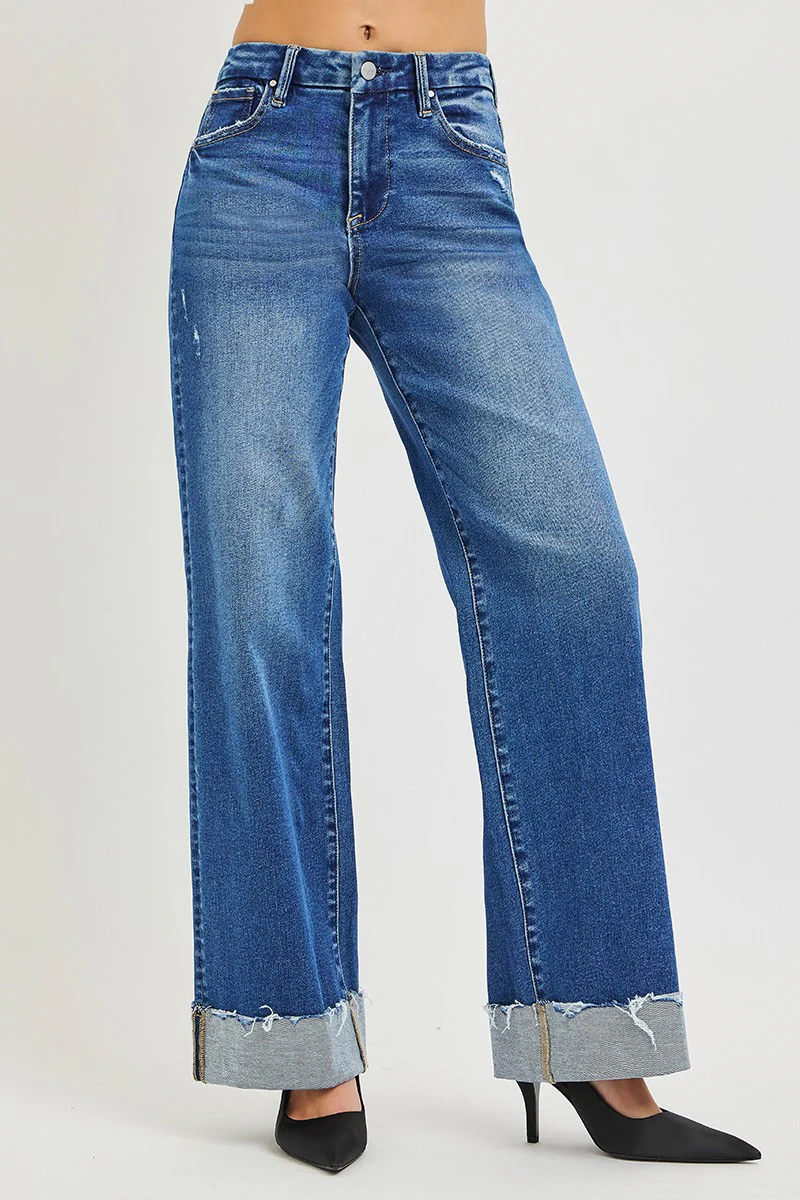 RISEN High Rise Wide Leg Jeans With Cuffed Hem - Image 3