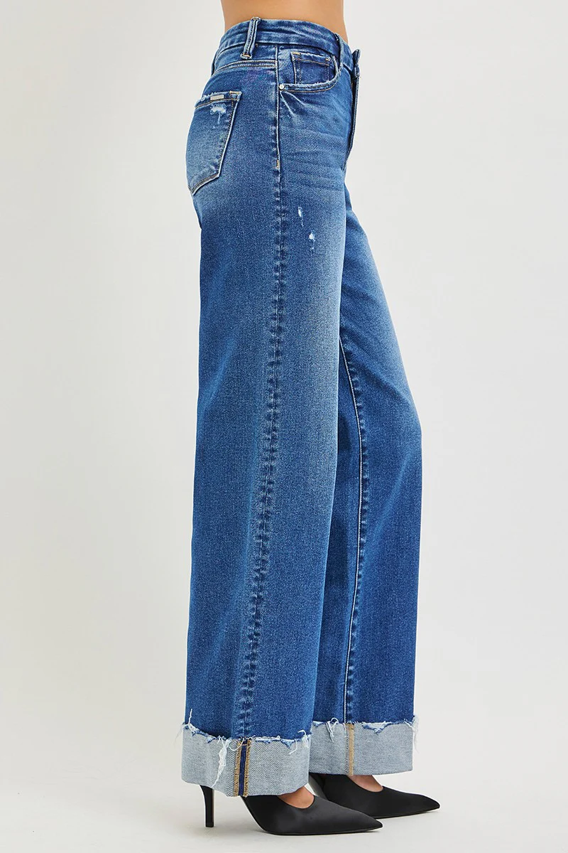 RISEN High Rise Wide Leg Jeans With Cuffed Hem - Image 4