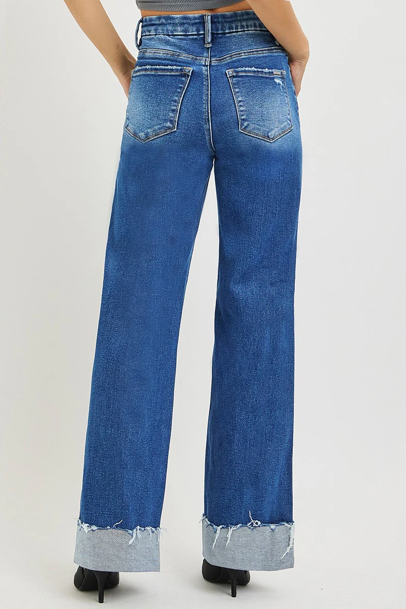 RISEN High Rise Wide Leg Jeans With Cuffed Hem - Image 5