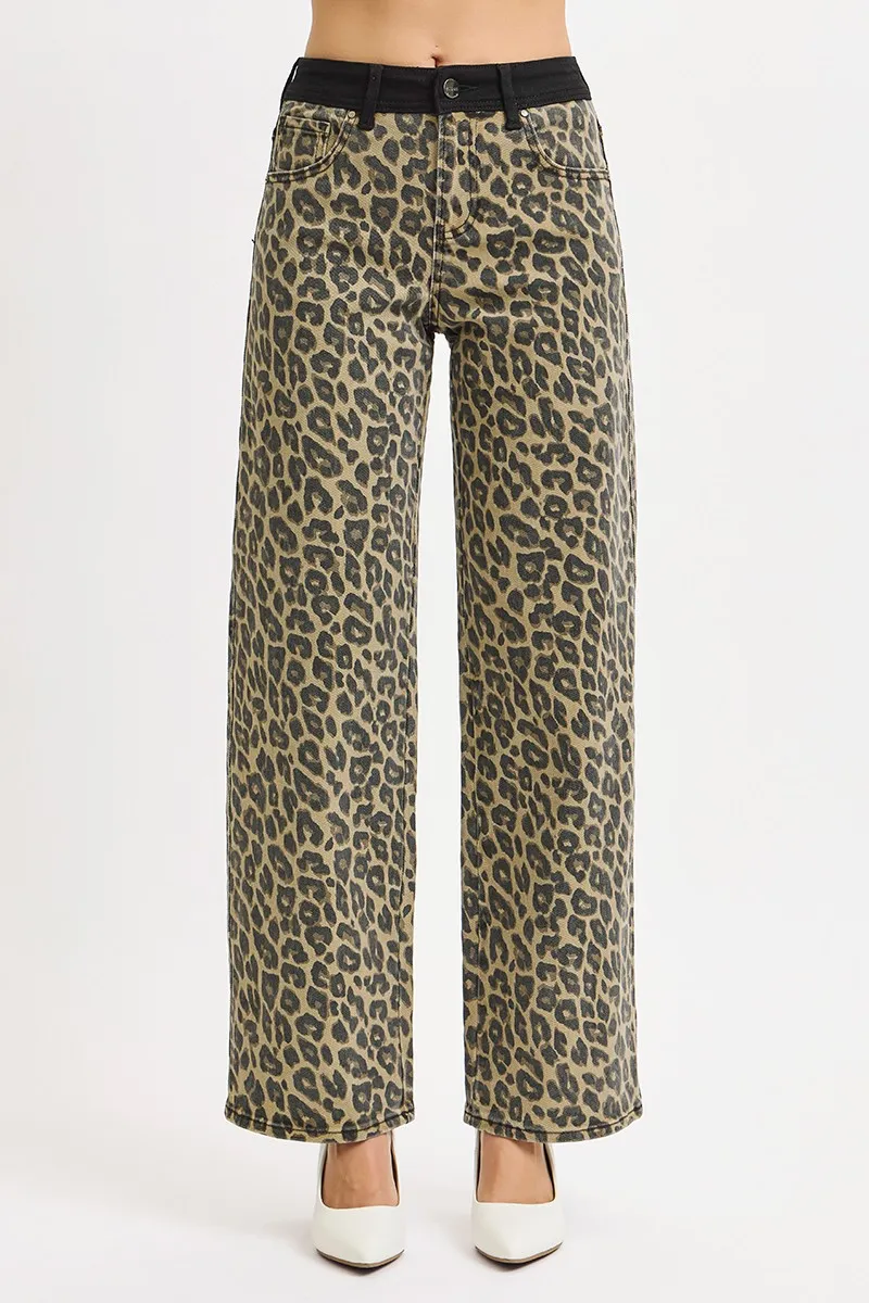 RISEN High Rise Wide Leg Leopard Printed Jeans with Contrast Waist Band Detail - Image 3
