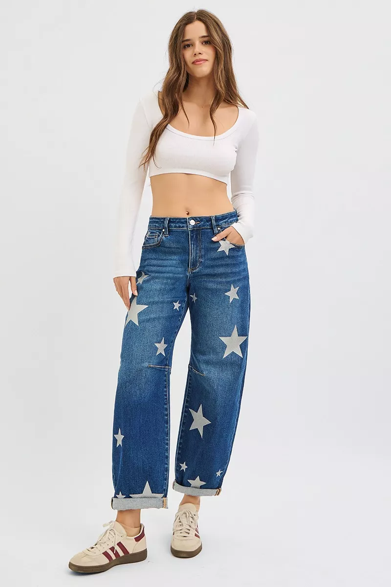 RISEN Mid Rise Ankle Length Relaxed Barrel Star Printed Jeans - Image 6