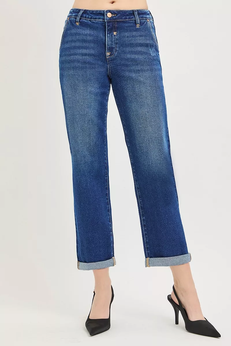 RISEN Slouchy Cropped Boyfriend Jeans with Cuffed Hem - Image 2