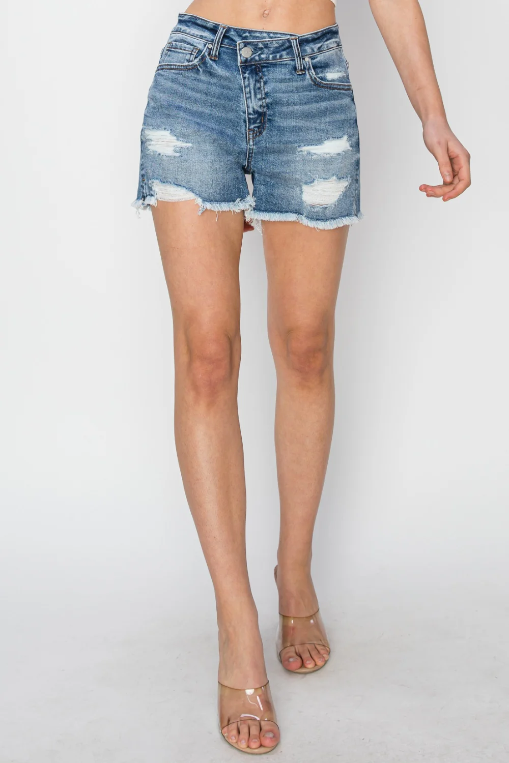 RISEN Stepped Waist Frayed Denim Shorts - Image 6