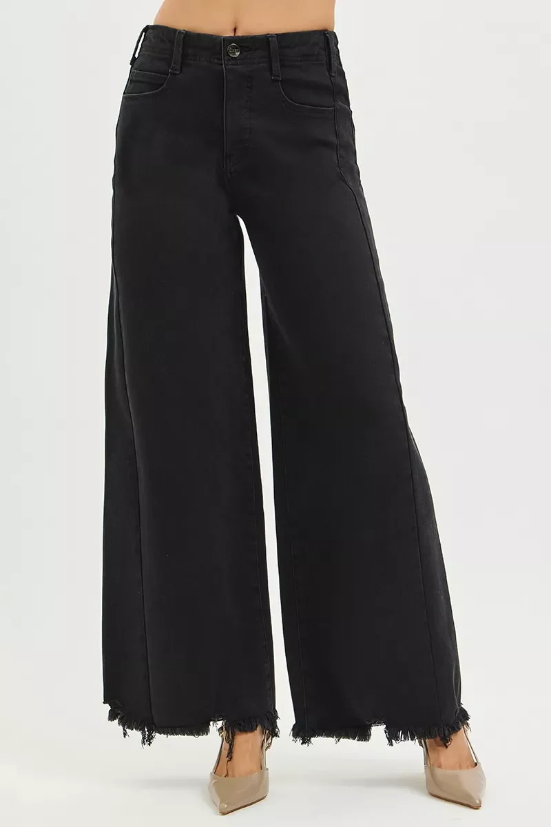 RISEN Tummy Control High Rise Palazzo Leg Frayed Hem Jeans - Image 3