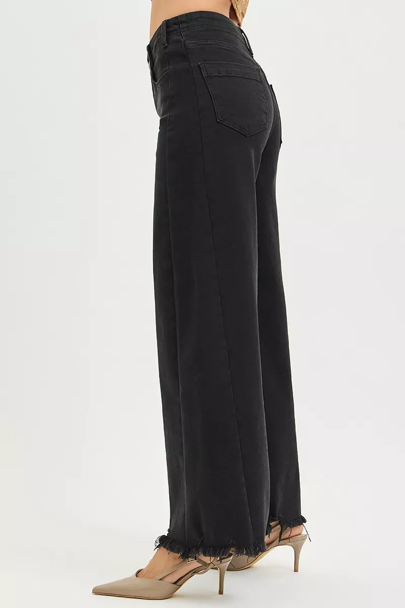 RISEN Tummy Control High Rise Palazzo Leg Frayed Hem Jeans - Image 4