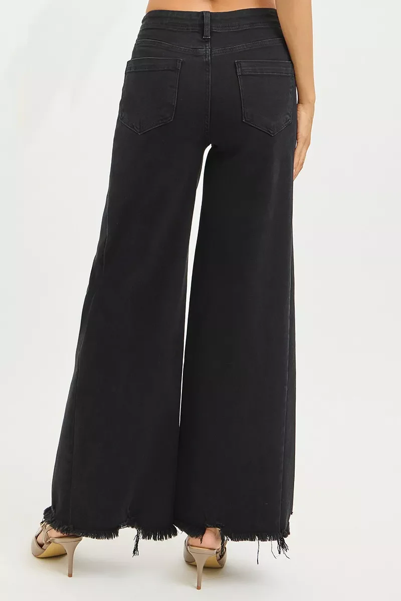 RISEN Tummy Control High Rise Palazzo Leg Frayed Hem Jeans - Image 5