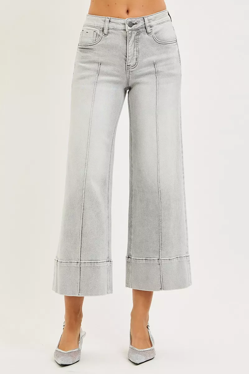 RISEN Tummy Control Mid Rise Crop Wide Pintuck Front Jeans - Image 2