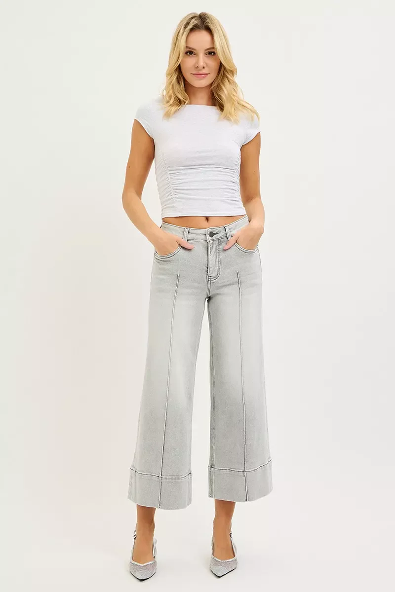 RISEN Tummy Control Mid Rise Crop Wide Pintuck Front Jeans - Image 6