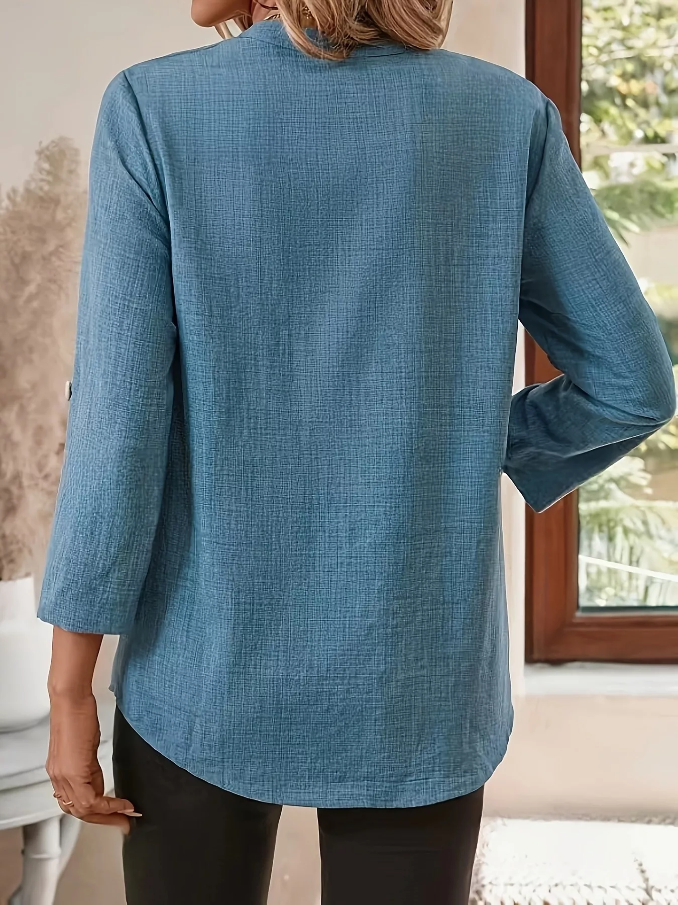 Roll-Up Sleeve Notched Blouse - Image 5