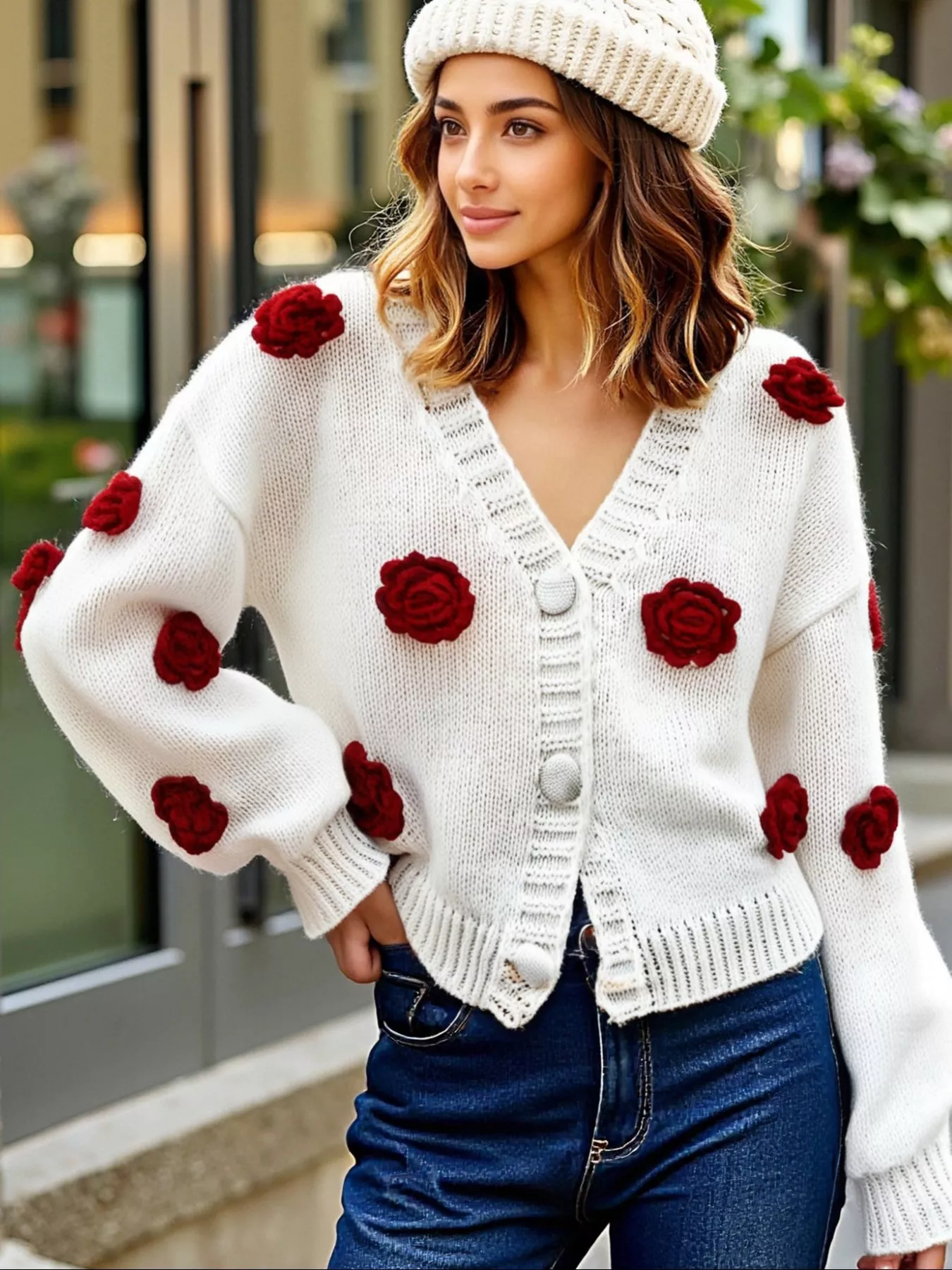 Rose Embellished V-Neck Cardigan - Image 4