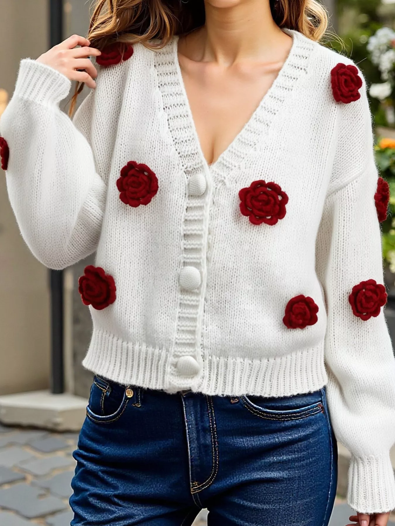 Rose Embellished V-Neck Cardigan - Image 6