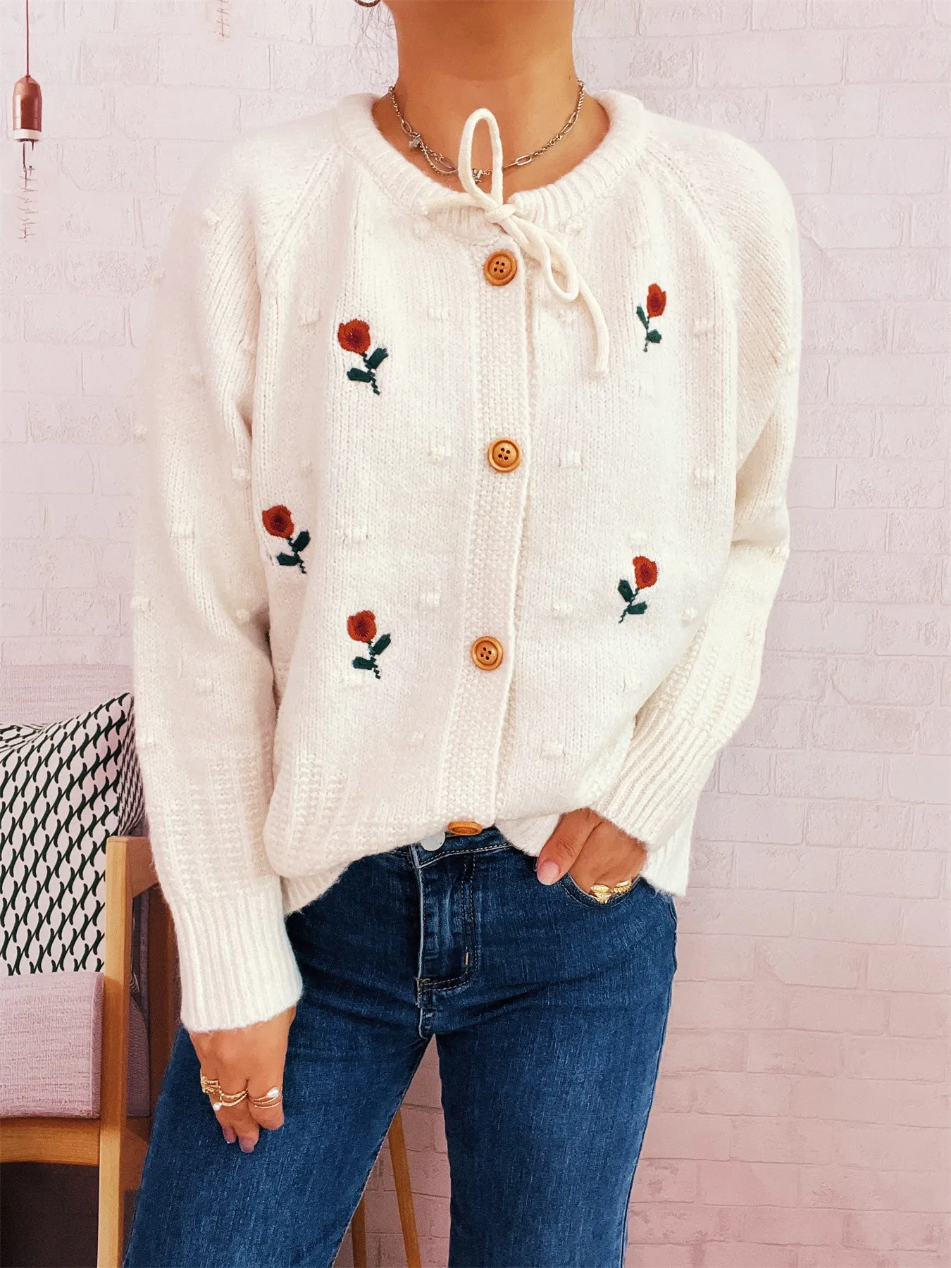 Rose Embroidered Button-Up Cardigan - Image 3