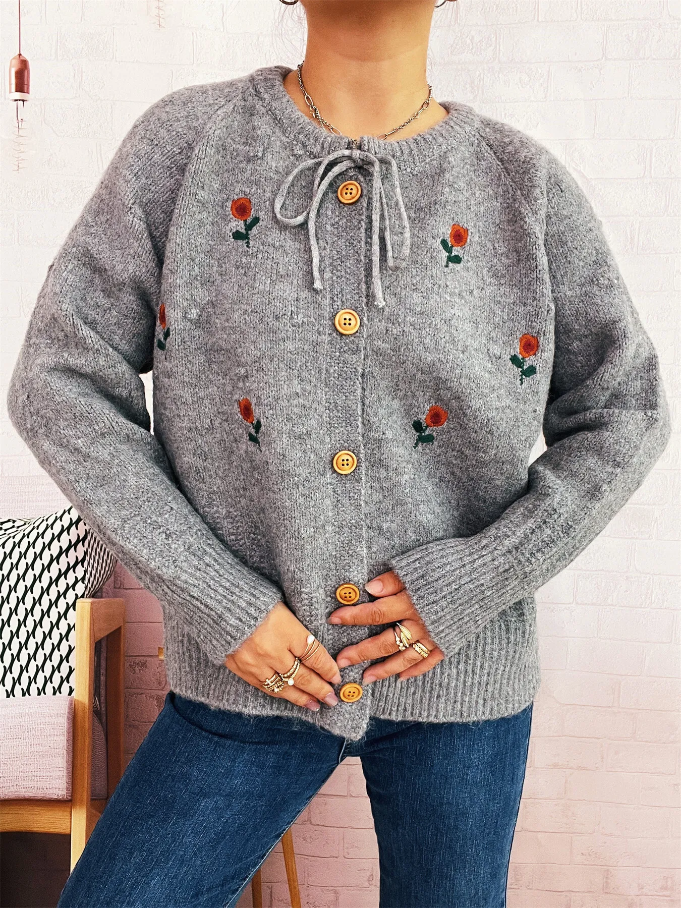 Rose Embroidered Button-Up Cardigan - Image 6