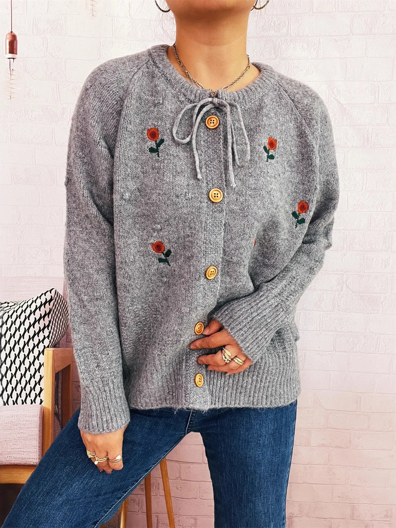 Rose Embroidered Button-Up Cardigan - Image 8