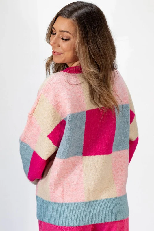 rose pink color block cropped sweater - Image 2