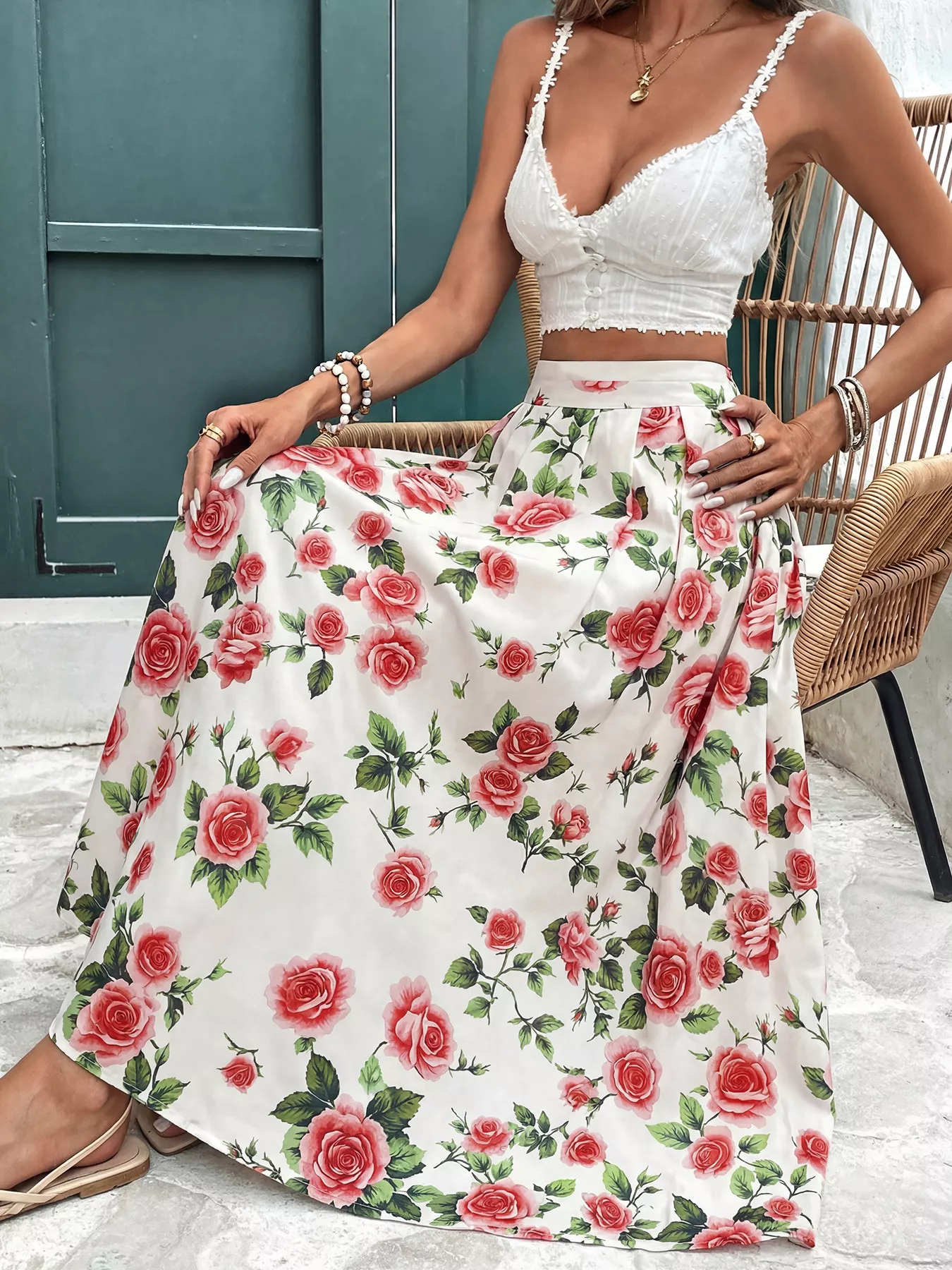 Rose Print Flowy Maxi Skirt - Image 2