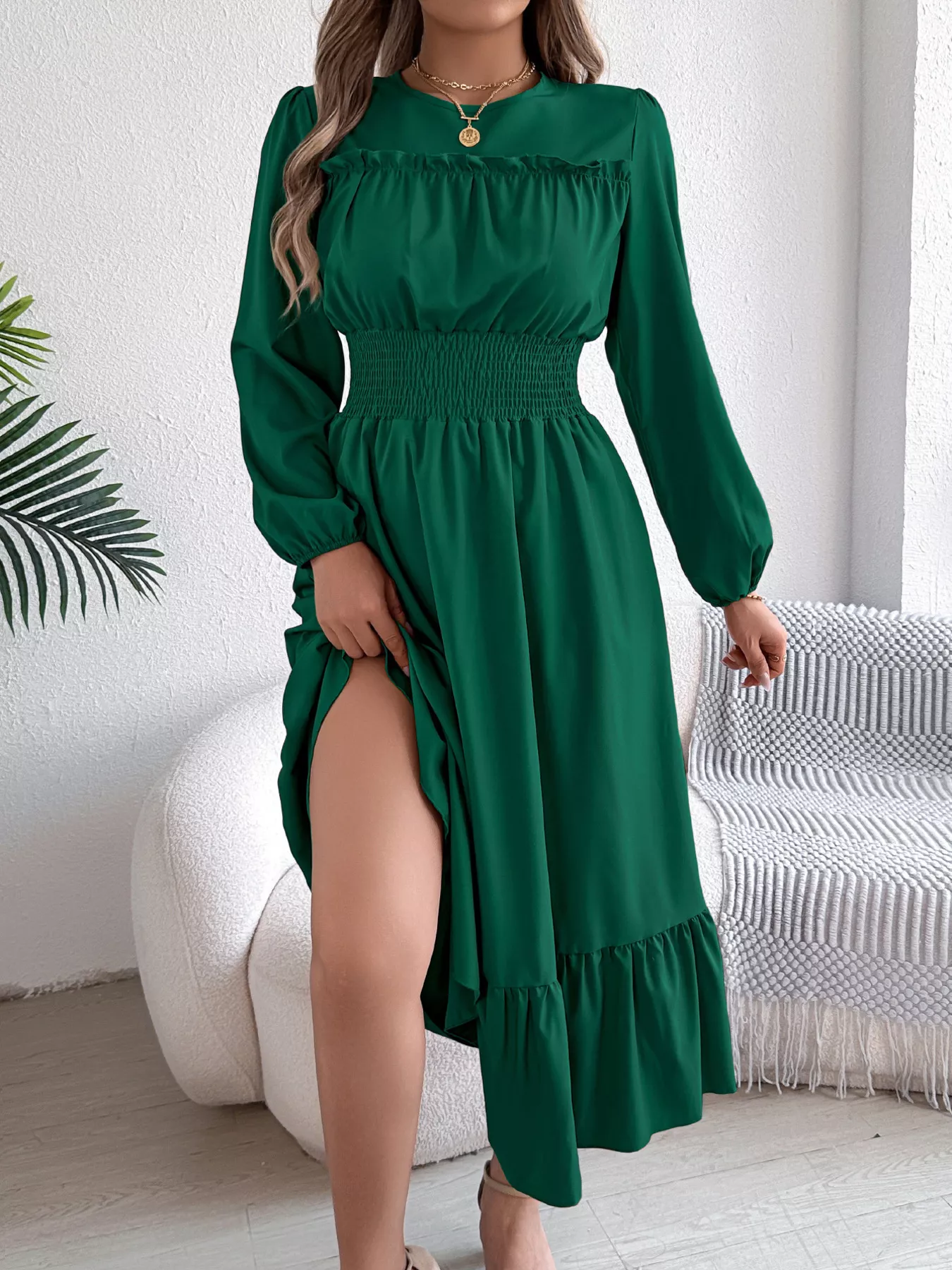 Round Neck Balloon Sleeve Tiered Dress - Image 3