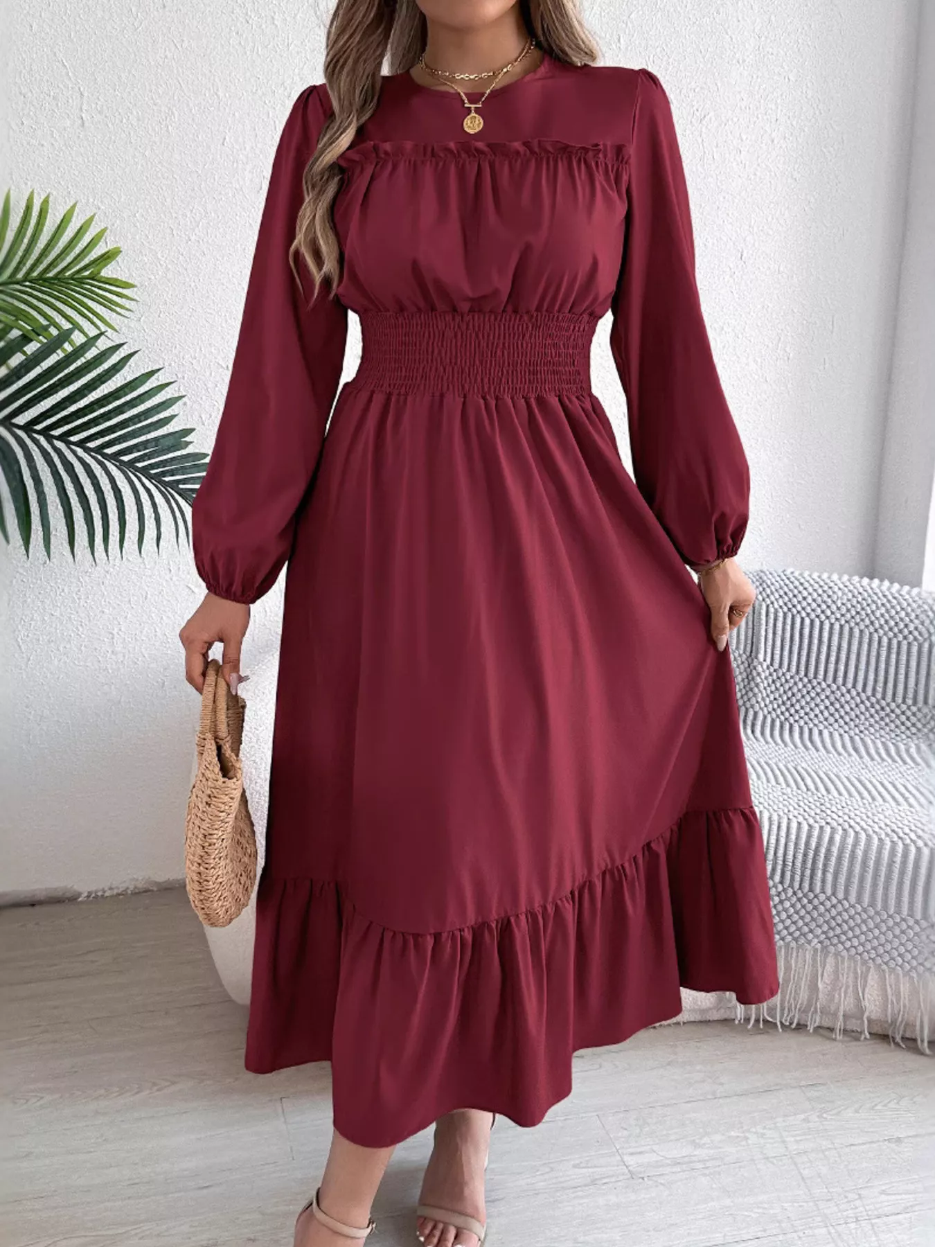 Round Neck Balloon Sleeve Tiered Dress - Image 7