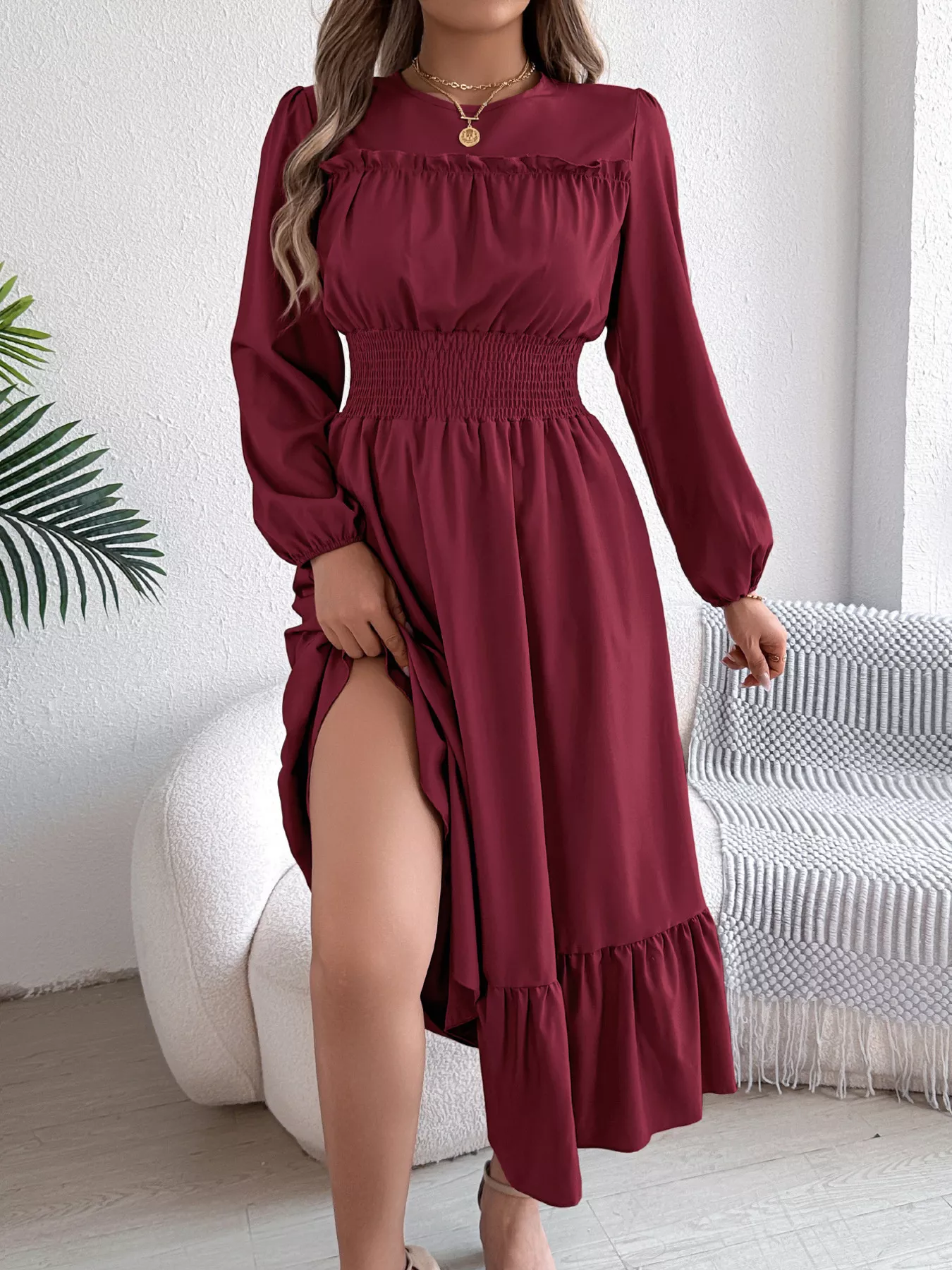 Round Neck Balloon Sleeve Tiered Dress - Image 9