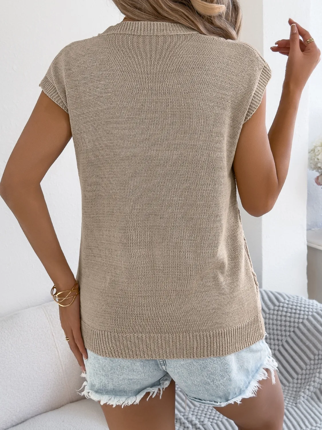 Round Neck Cap Sleeve Knit Top - Image 15