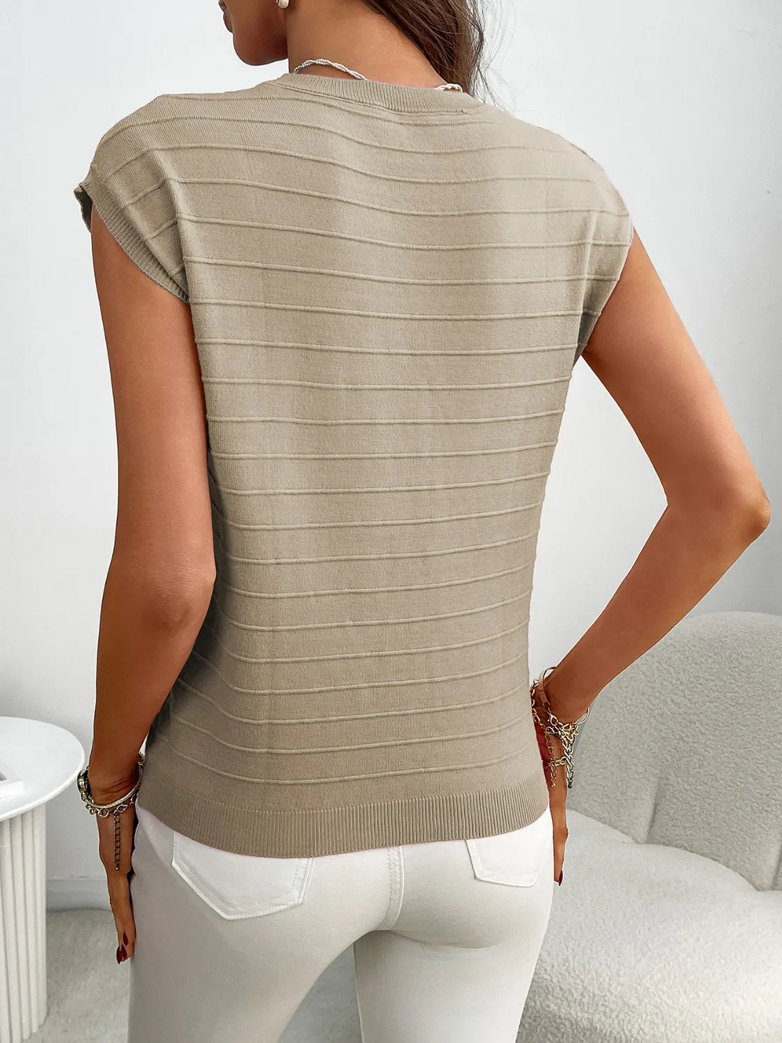 Round Neck Cap Sleeve Knit Top - Image 13