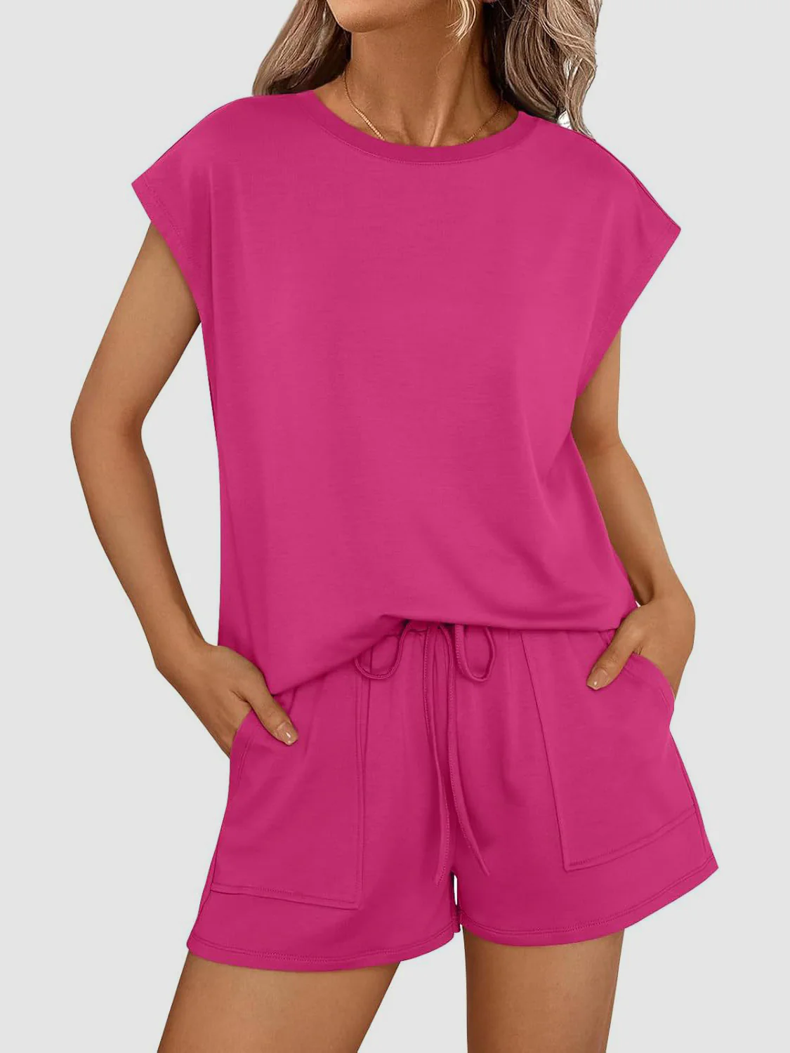 Round Neck Cap Sleeve Top and Shorts Set