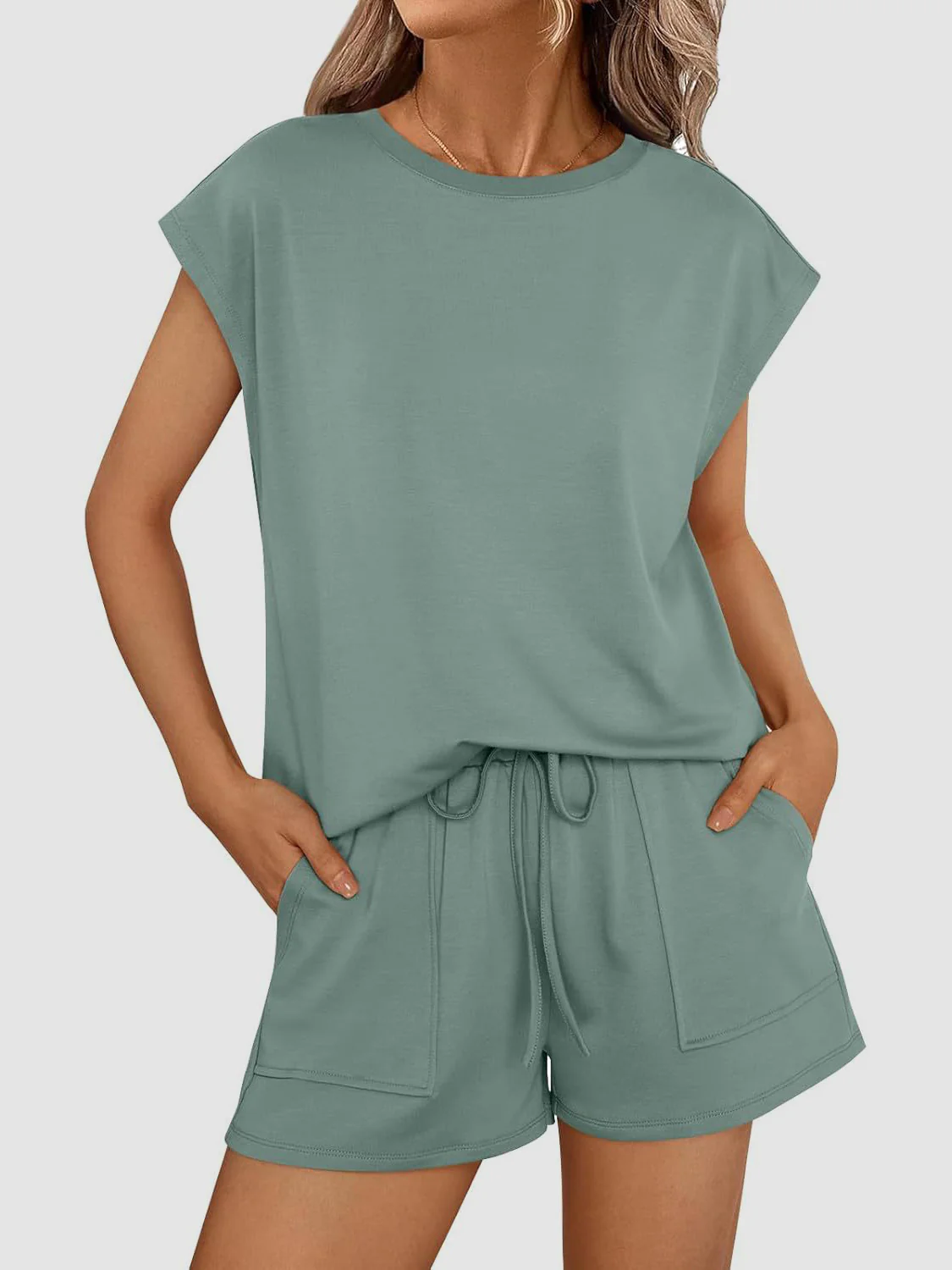 Round Neck Cap Sleeve Top and Shorts Set - Image 6