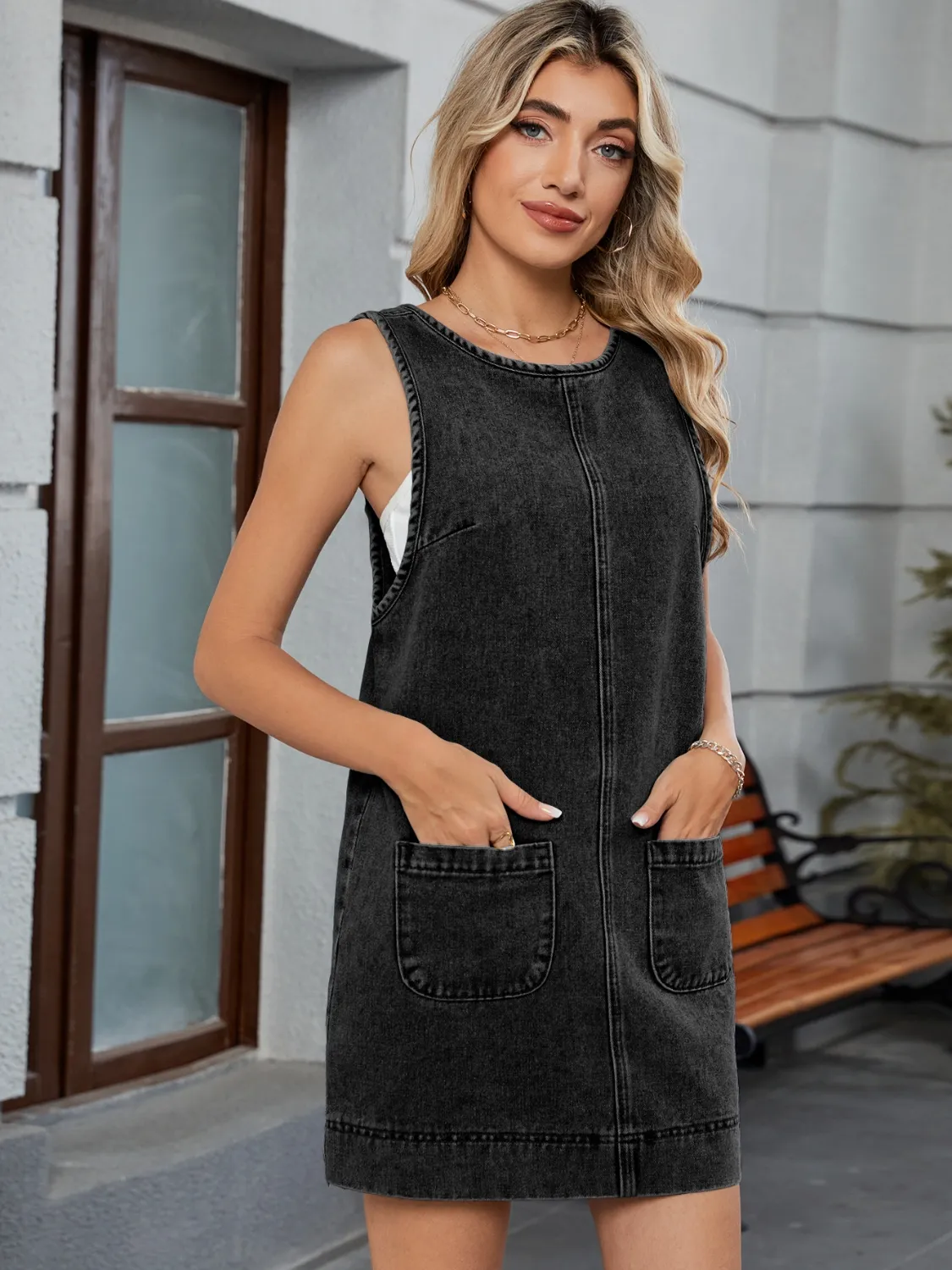 Round Neck Denim Overall Dress - Image 4