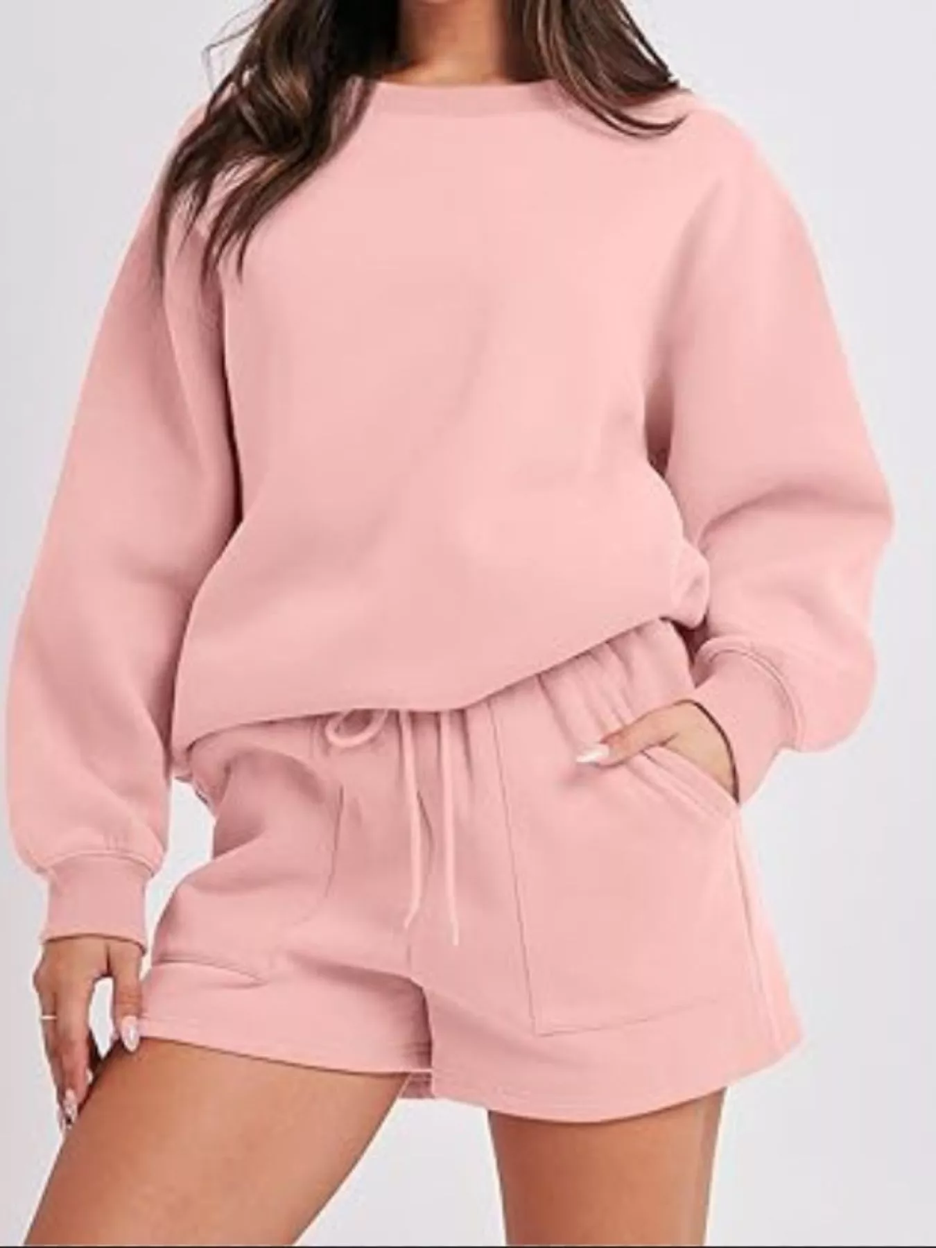 Round Neck Dropped Shoulder Top and Drawstring Shorts Set - Image 29
